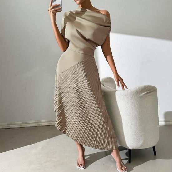 Vestido de Noche Formal Plisado para Mujer Vestido Plisado de un Solo Hombro Línea A Manga Corta Fruncido Vestido de Fiesta Cóctel