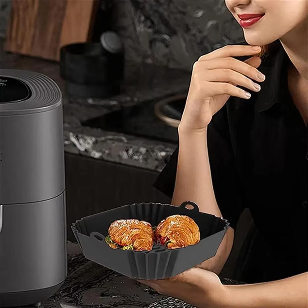 1pc Silicone Air Fryer Liners Tray Square Reusable With Handle Oven Mold Baking Accessories For Kitchen Cook Chicken Pizza Bread