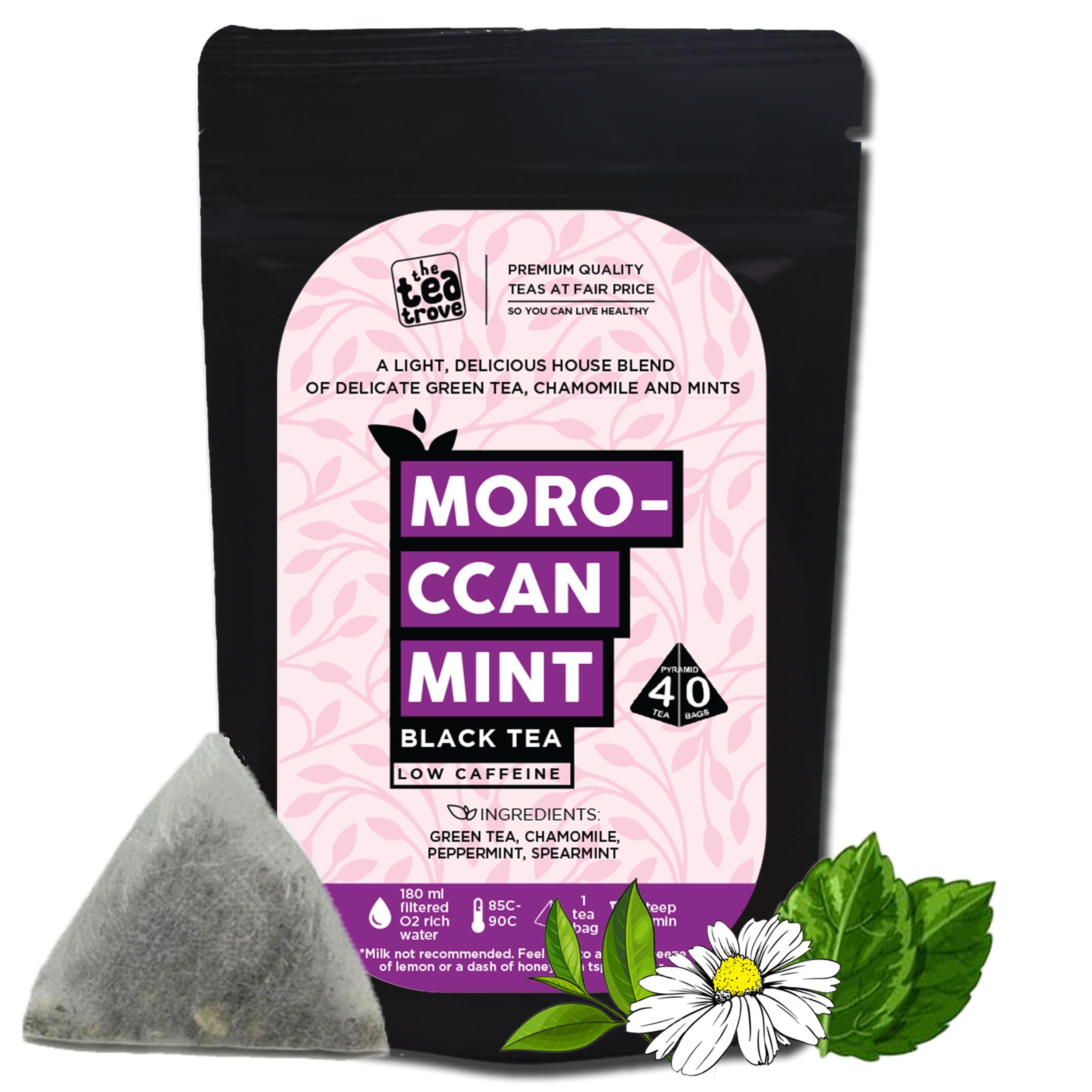 The Tea Trove Марокканский мятный чай с ромашкой, зеленый чай в пакетиках 40 шт. | Вкусная мятно-зеленая смесь чая с ромашкой, мятой перечной и мятой колосистой | St