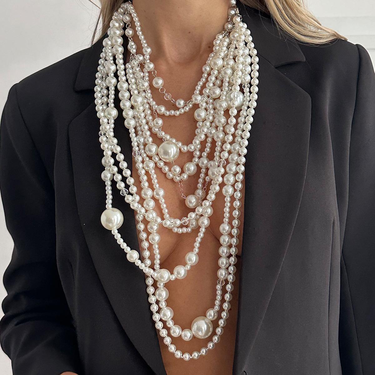 Arts & Hobbies Women's White/Gold/Black Exaggerated Heavy Industry Stacks Imitation Pearl Necklaces, Fashionable Multi-Layer Long Handmade Beaded Chain Necklaces