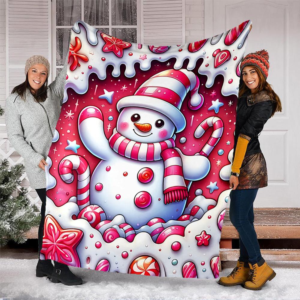 1pc Candyland Snowman Throw Blanket Polyester Fiber, Lightweight Flannel, Soft & Warm, All Season Use for Outdoor, Camping