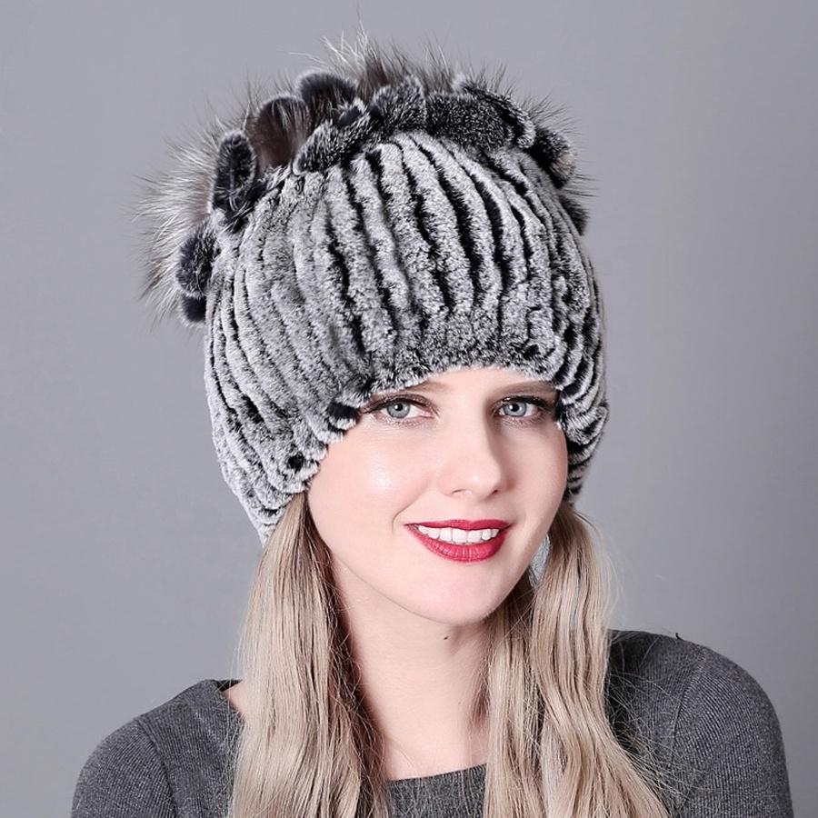 Winter Premium Rabbit Fur Beanie Hats Genuine Rabbit Fur Caps Women Winter Fur Rex Rabbit Knitted Hats Warm Beanie Caps