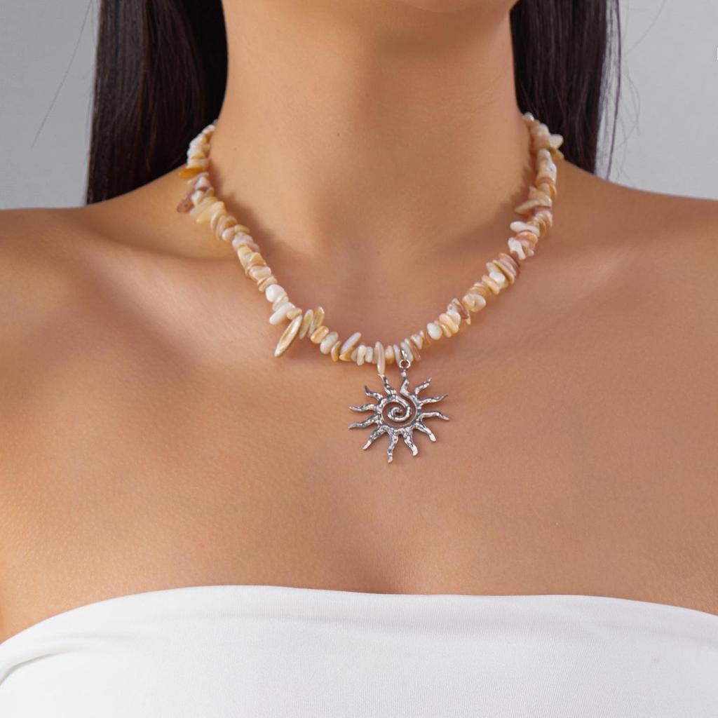 Bohemian Colorful Stone Beaded Necklace with Retro Sun Pendant Choker