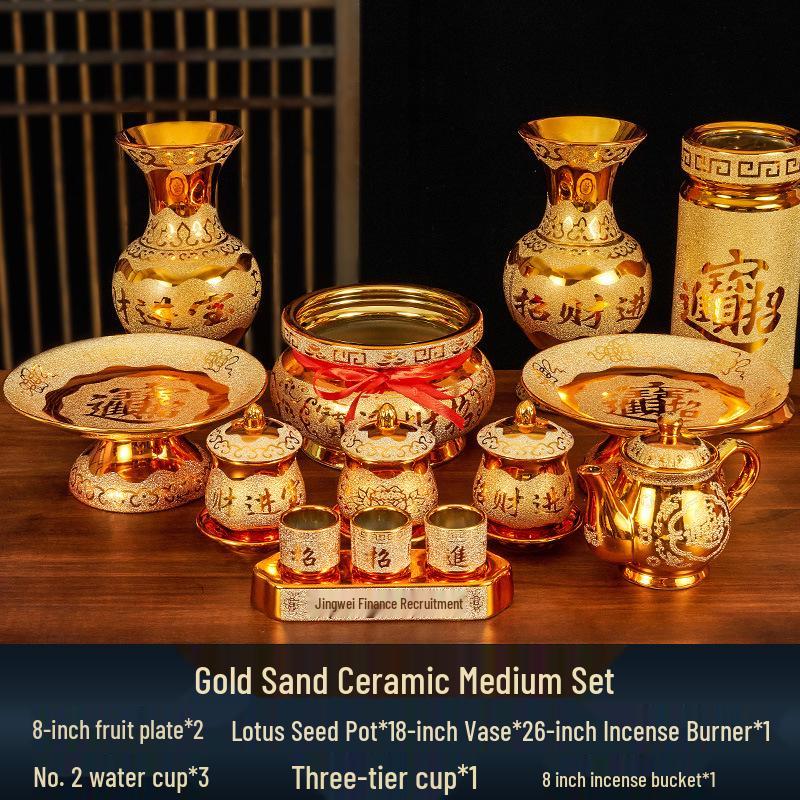 Buddhist Household Ceramic Offering Set: Incense Burner, Water Cup, Fruit Plate, Vase