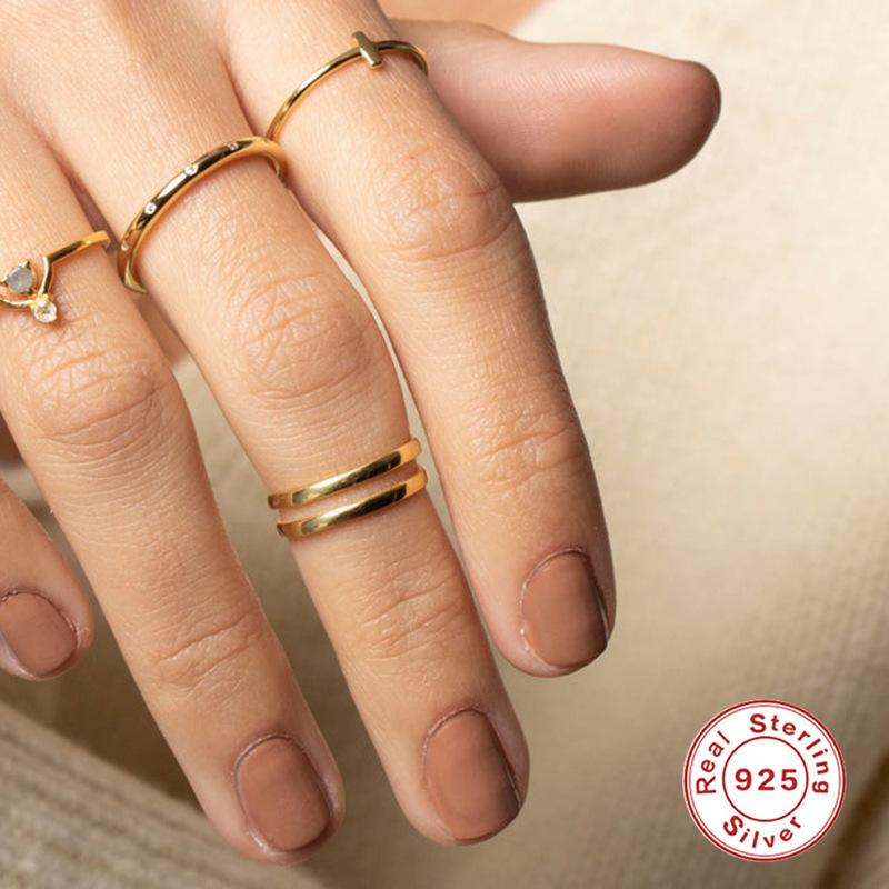 Minimalist Glossy Hipster Ring S925 Sterling Silver Open Ring Double-Layer Hollow Daily Commuter Ring