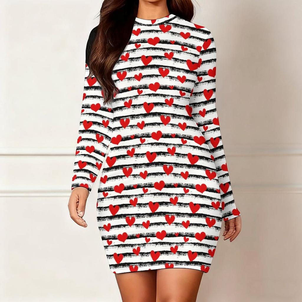 Podzim a zima 2025 Nové dámské módní šaty s 3D potiskem a barvením s motivem srdce, s dlouhým rukávem, kulatým výstřihem, obepínající boky, limitovaná edice ke Dni svatého Valentýna