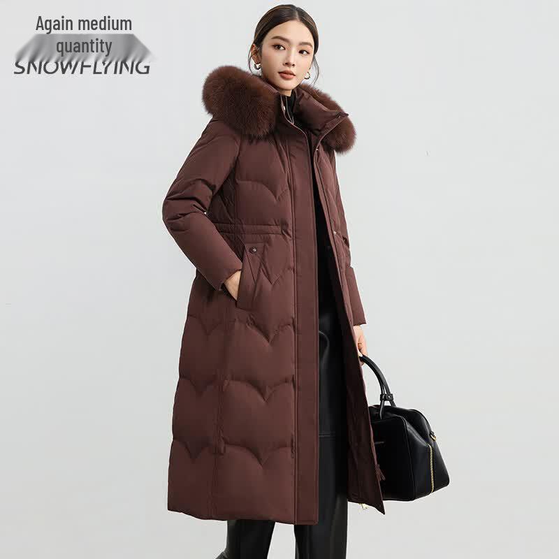 SNOWFLYING Women's Long Winter Down Jacket with Fox Fur Hood