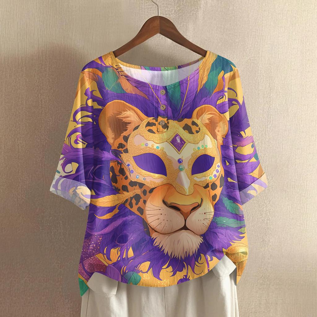 Women's Fashionable And Casual Shirt Half Sleeve Round Neck Print Cotton And Linen Blouse Top