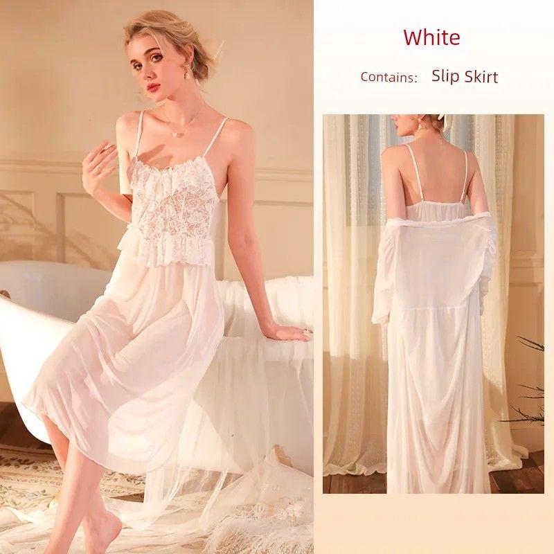 

2025 New Arrival Sexy Thin Chiffon Nightdress/Open Back Sexy Perspective Suspender Dress/Seductive Night Dress White L