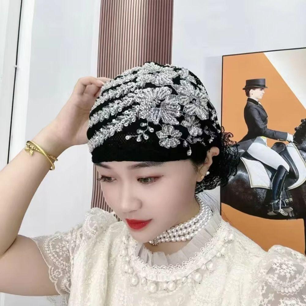 Turban Cap Floral Lace Caps Embroidery Beanie Hair Cover Cap Women Headscarf  Lady Female