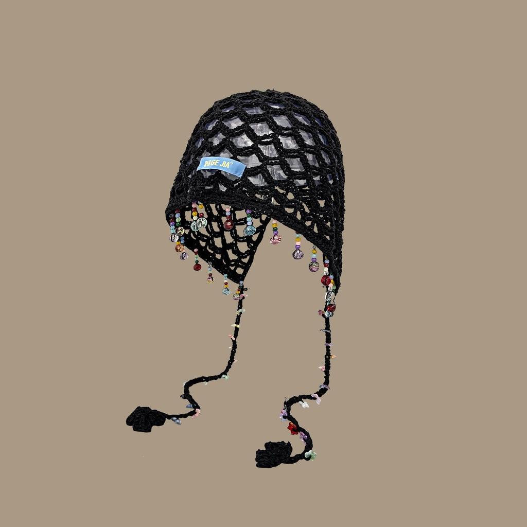 Bohemian beaded fringed pendant hollow knitted headgear women's summer travel retro ethnic style pullover hat