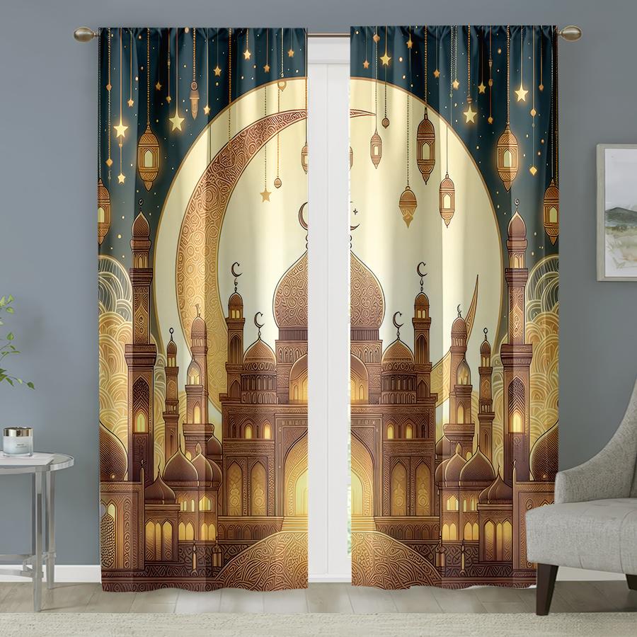 

2pcs Gilded Mosque & Lantern Curtains, Perfect for Ramadan/Eid Window Decor, Opulent Home Living Room Bedroom Decor 24x59in(60x150CM)x2&Rod Pocket