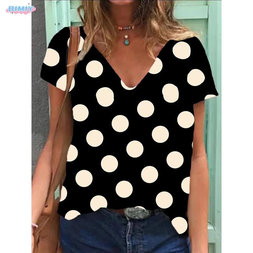 2025 dámské tričko s výstřihem do V, retro potisk s puntíky, módní dámské volnočasové tričko s krátkým rukávem, top pro ženy na léto