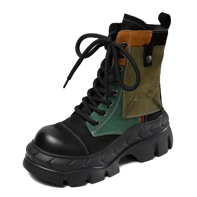 Móda 2024 Nové Dámské Kozačky na Silném Podpatku Zimní Teplé Pravá Kůže Kulatá Špička Platforma Smíšené Barvy Retro Styl Ručně Vyráběné Bavlněné Kozačky