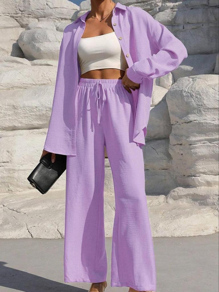 Women's Long Sleeve Shirt and Wide Leg Pants Suit Set