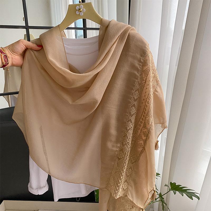 Plain Big Size Lace Floral Patchwork Tassel Viscose Shawl Scarf Luxury  Laser Cut Pashmina Bufandas Muslim Hijab Wrap Snood