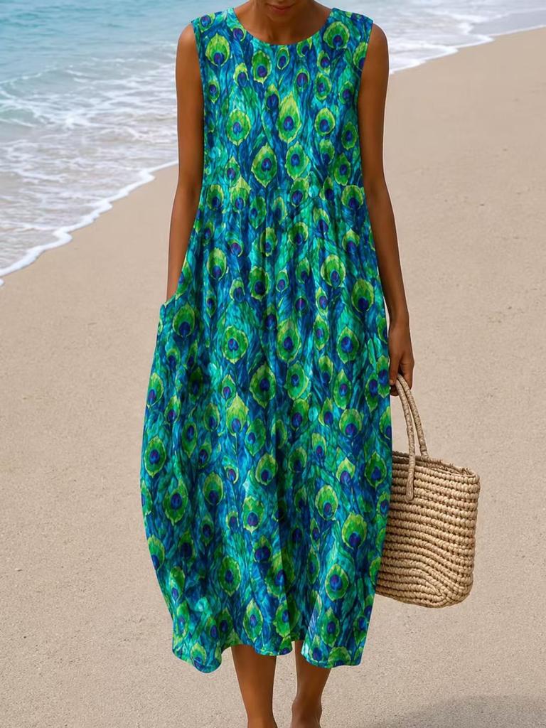 Sleeveless dress 26 new shrink pleated large version loose casual round neck digital printing - bamboo hemp