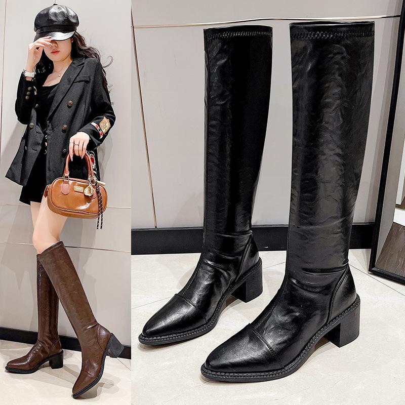 Korean version of temperament boots female pointed 2025 simple sleeve high boots but knee thick heel elastic knight boots