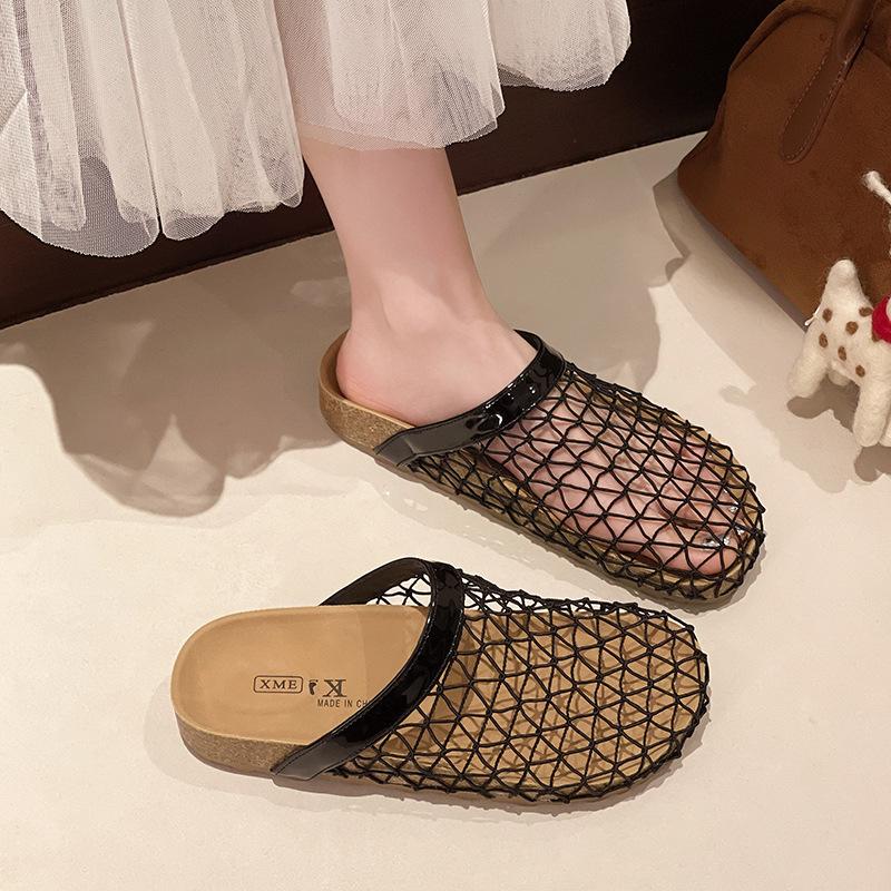 Mesh woven bag head half slippers women's summer wear 2025 new French skirt cool slippers Roman sandals women