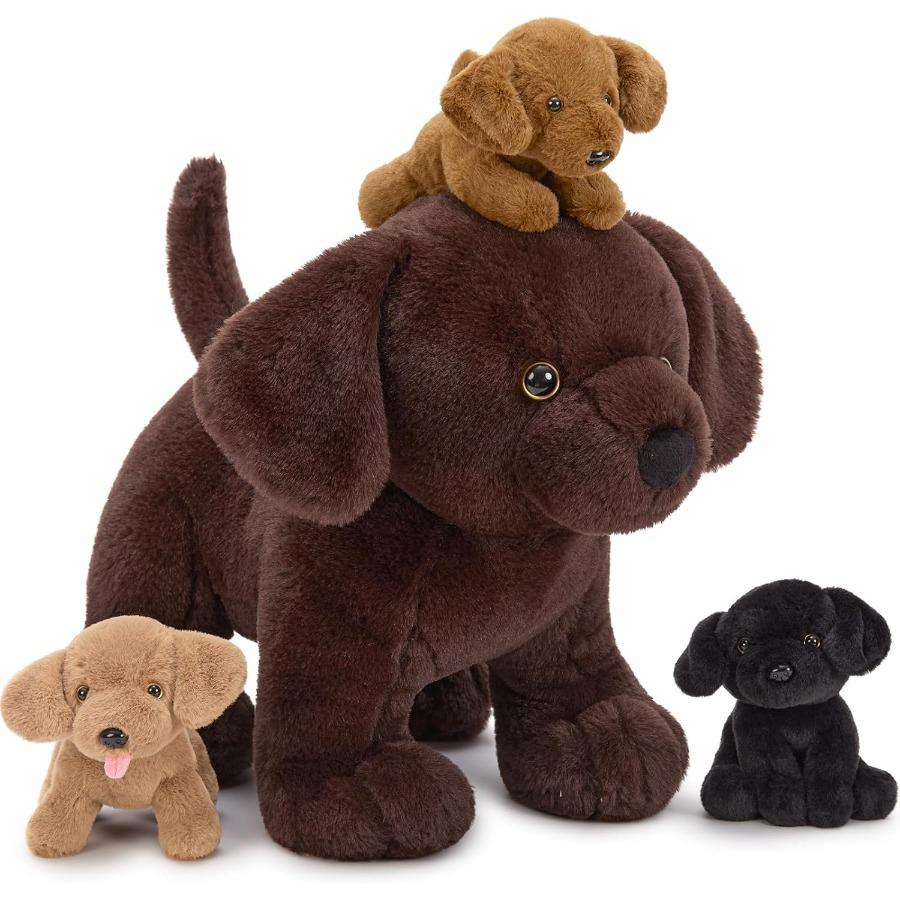 4Pcs Lab Stuffed Animals 16 Huggable Chocolate Mama Labrador Dog with 3 Hidden Puppies Plush Toy Black Yellow Dark Brown United States