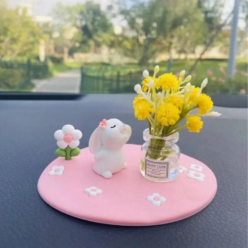 Creative Cute Daisy & Four-Leaf Clover Coaster, Decorative Accessory Mini Car/Desktop Ornament, Adorable Rubber Rabbit Vase With Cute Animal Figurine
