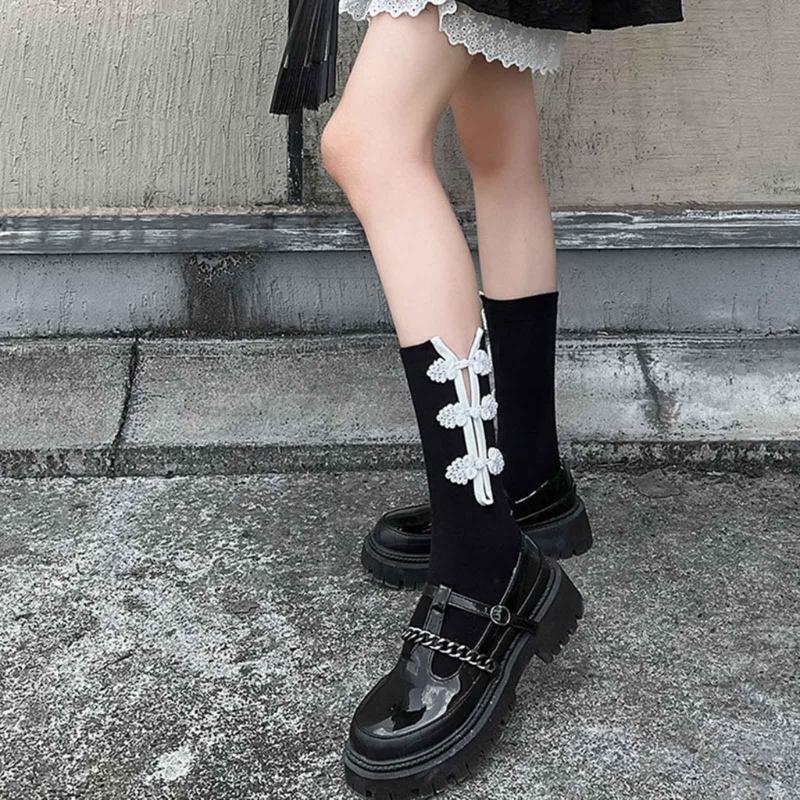 Womens Casual Crew Socks, Chinese Style Cheongsam Buckle Design Ladies Socks Solid Color Cotton Calf Socks