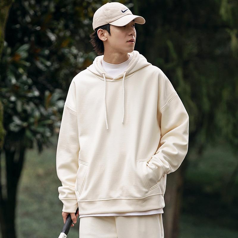 Spring and Autumn New Men's Korean Version 330g Heavy Chinese Cotton Air Layer Hooded Solid Color Sweater Trendy Versatile Stylish Top