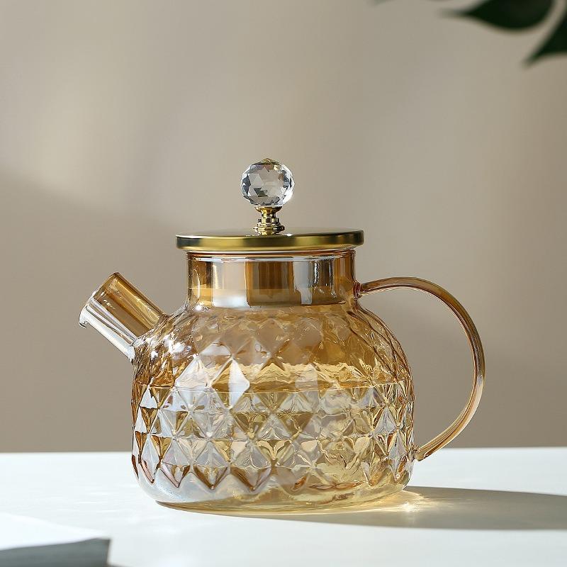 1/1.8L Glass Tea pot With Lid and Filter Champagne Tea Kettle Cold and heat resistant Tea maker For Blooming Tea Fruit Tea Amber