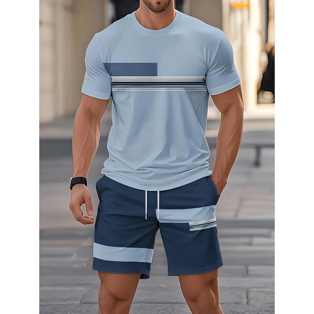 2026 Summer Men's Casual Two-Piece Set Striped Print Short-Sleeve Shirt and Athletic Shorts Set Men's Fitness Set