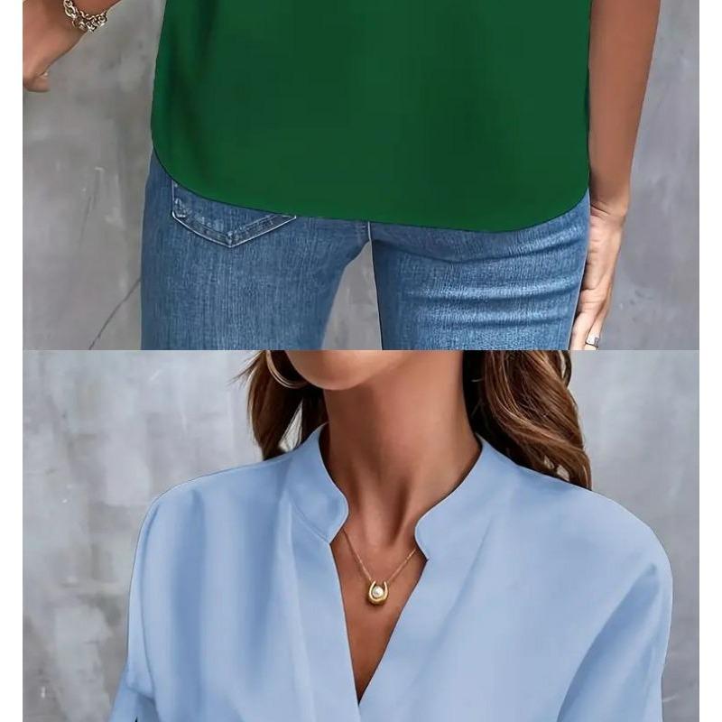Damen 2025 Sommer Casual Einfarbig V-Ausschnitt Locker Bluse Tops für Damen