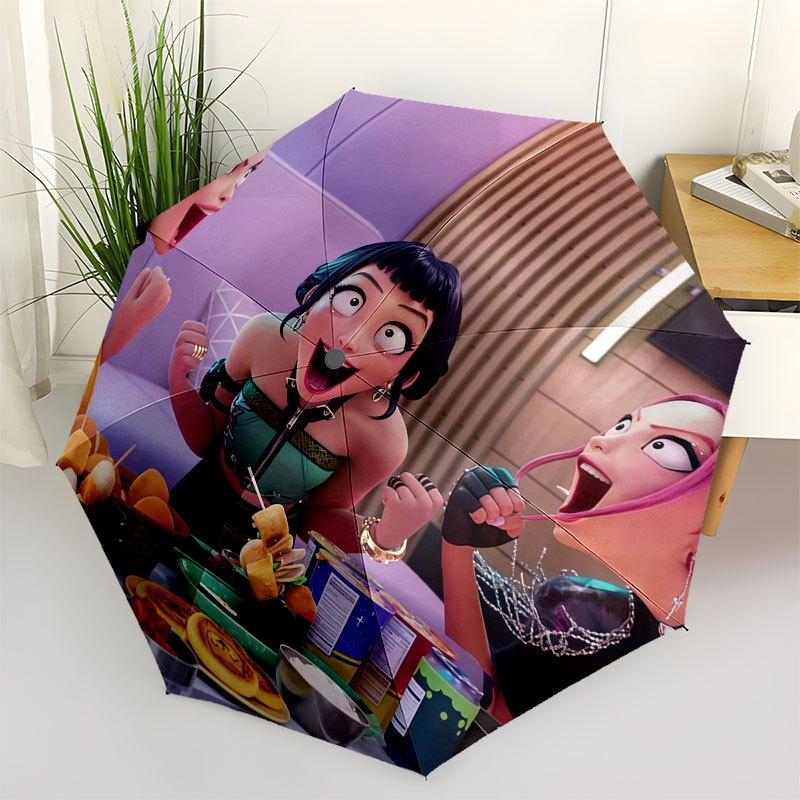 Friends Gonna Be Friends: Fun Cartoon Characters Sharing a Meal!Umbrella with Cute Design,Portable 3-Fold Compact Umbrella for Men&Women,Val