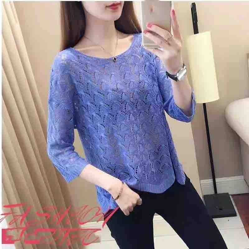 Printemps et Été Tricoté Manches Trois-quarts Chemise de Fond Ample Grande Taille Couvrant Manches Courtes Manches Courtes Féminin Coréen Fin Creux Chemise