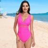 Traje de baño de una pieza con escote en V profundo, sin mangas, con control de abdomen, malla adelgazante transparente para mujer
