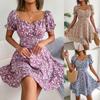 Women Casual Floral Print Square Neck Lace Up Waist Short Sleeve A Line Chiffon Dress