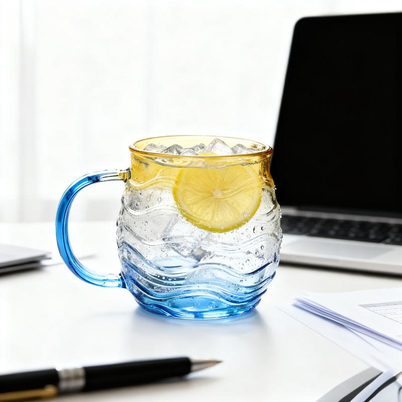 Cute Sea Stlyle 3D Wave Grain Glass Mug Coffee Milk Juice Glass Cup Heat-resistant BorosSunset Mug desktop decoration Glass Cup