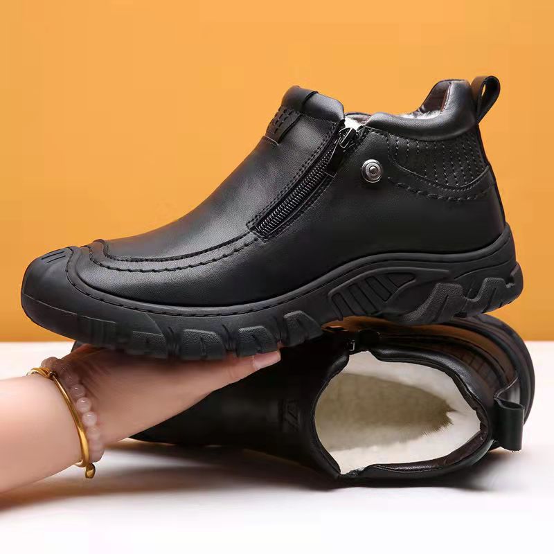 Winter Men Boots Thick Plush Warm Snow Boots Leather Zipper Men's Ankle Boots Platform Non-slip Waterproof Mens Hiking Shoes