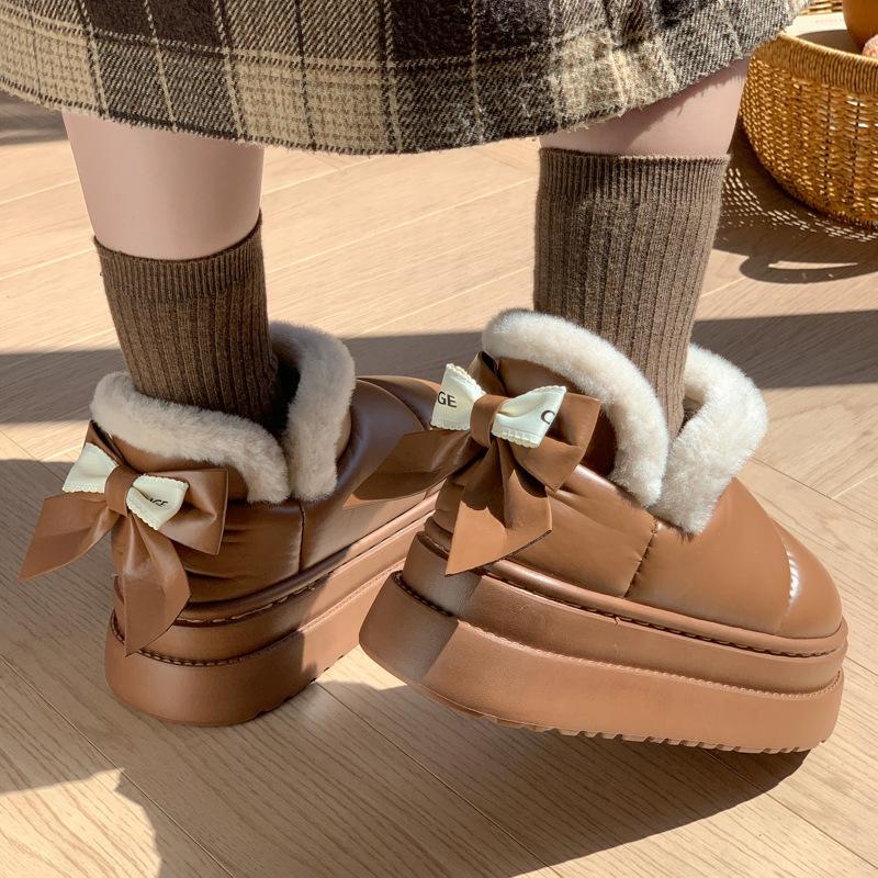 Schleife Baumwollpantoffeln Herbst- und Winterschuhe Indoor Haushalt Dicksohlig Rutschfest Samt Thermotasche und Baumwollschuhe