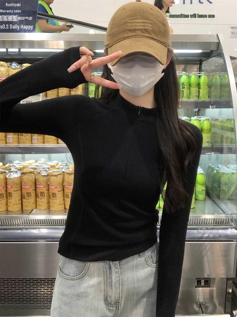 Women's Thermal Fleece Zipper Long-Sleeve T-Shirt with Half-High Collar - Autumn/Winter Warm Base Layer Top