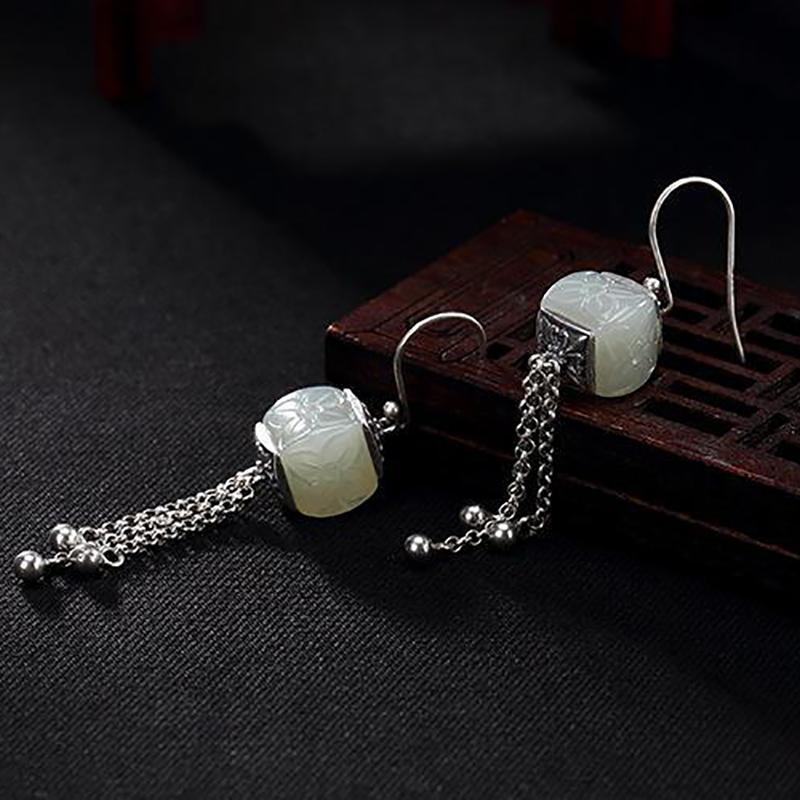 Independent Design Retro Style Inlaid Hetian White Jade Pattern Tassels For Ladies High-End Earrings Elegant  Jewelry