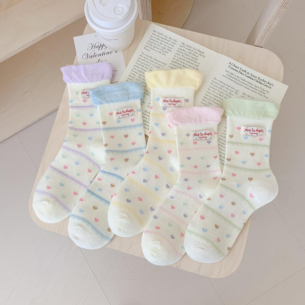 Sweet Color Love Socks Women'S Striped Breathable Stack Socks Macaron Cloth Label Socks