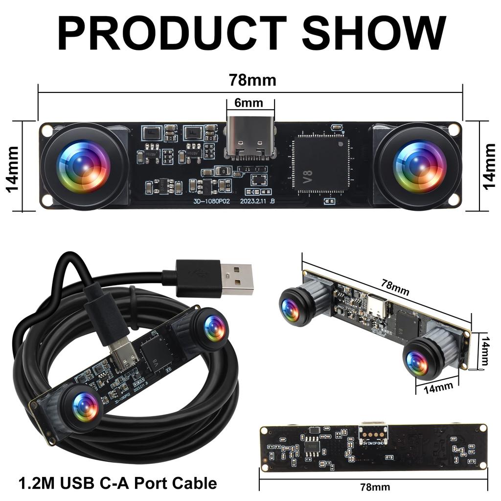 ELP 3D Stereo USB 1080P 60fps Fisheye Lens Dual 4MP VR Plug and Face QR Code Industrial Camera, High-Speed Webcam, 180-Degree Synchronization, Lens,