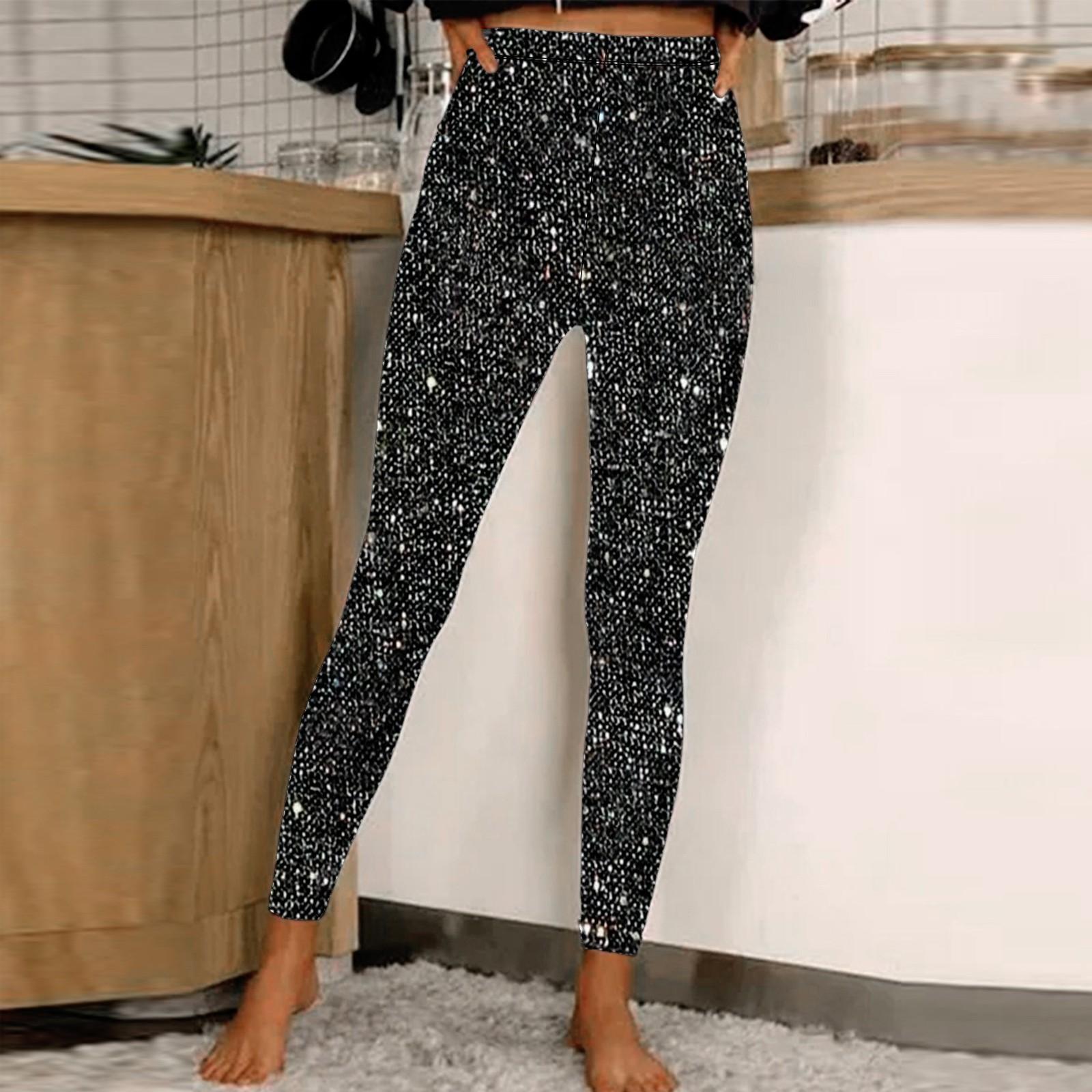 

Женские стильные элегантные леггинсы с высокой талией, эластичные, с блестками, повседневные брюки XXL чёрный