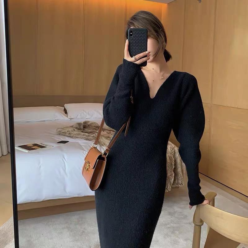 Autumn and winter new gentle with coat sweater with bottom V-neck medium and long knitted dress women