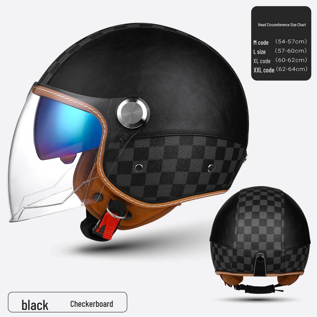 3C Certified Retro Leather Electric Motorcycle Helmet with Dual Visor – Unisex, Warm for Autumn/Winter
