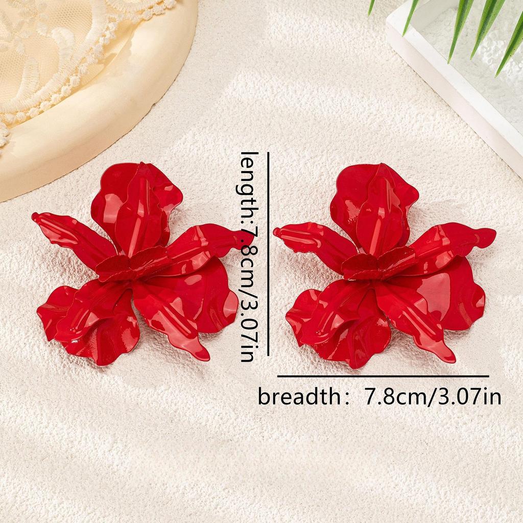 Red Exaggerated Large Flower Metal Spray Painted Earrings