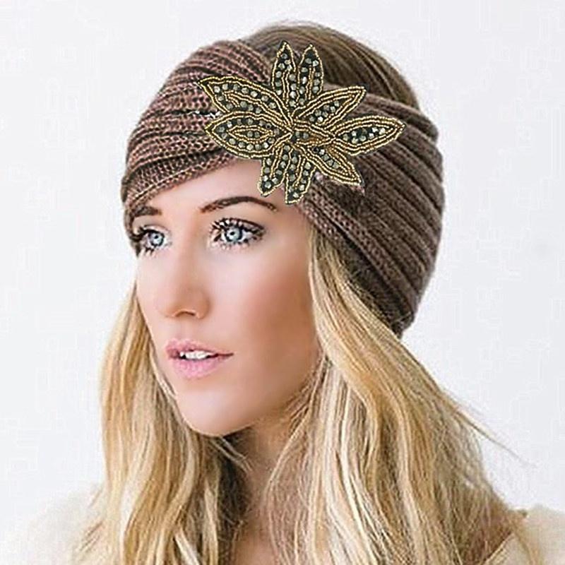 Crystal Beaded Flower Knit Headband For Women Winter Wool Ear Warmer Hairband Turban Headwrap Hair Accessories Bandeau
