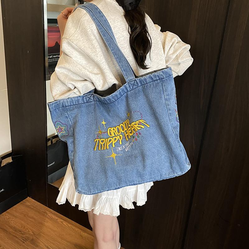 Denim Tote Bag For Women With Embroidered Letters And Street Style For Daily Use