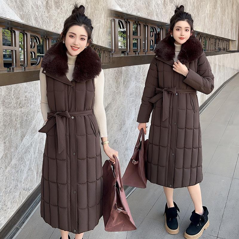 New fur collar long cotton-padded clothes for women with waist and thin thickened warm cotton-padded jacket with removable sleeves and large-size j