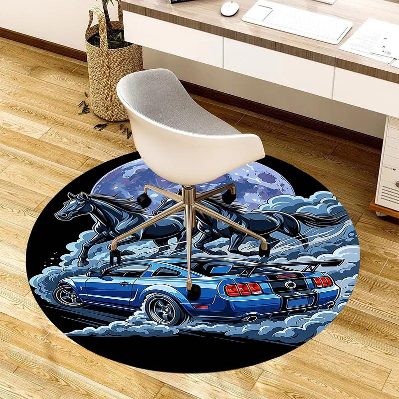 1PC Horse Car Non-Slip Floor Round carpet, Office, family, bedroom, Large Area Rug Indoor Rugs, Durable PolyesterH0340