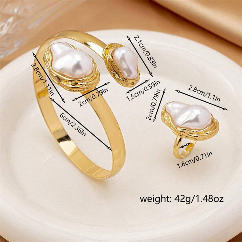 Vintage Irregular Baroque Pearls Open Bangles Rings for Women Charm Gold Color Flower Thick Chunky Rings Jewelry Set Party Gifts